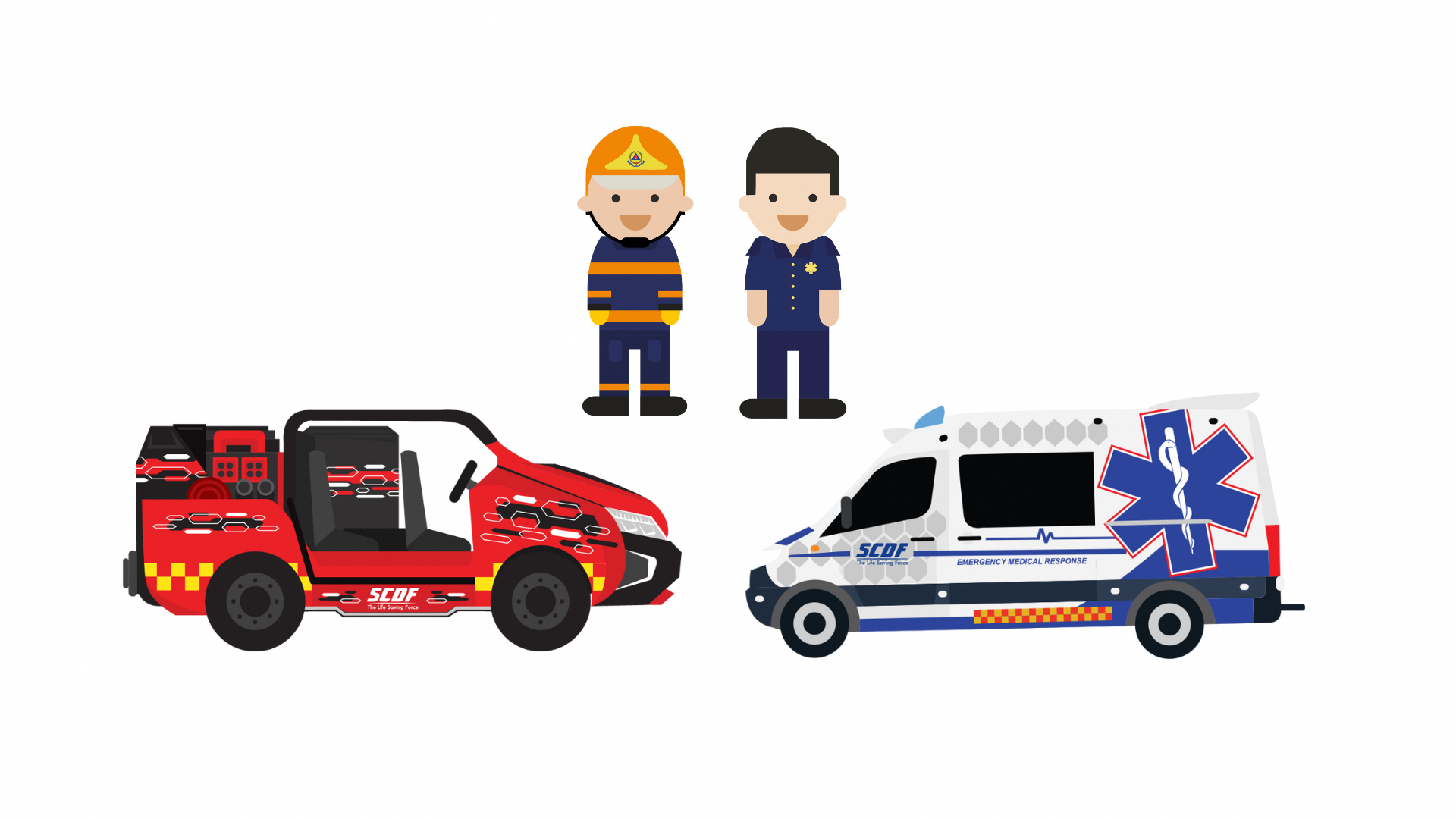 Illustration of a firefighter and paramedic, a red emergency vehicle, and white ambulance with medical symbol.